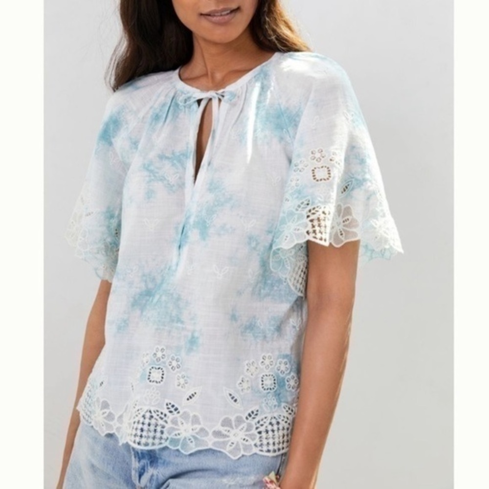 NWT Anthropologie Embroidered Tie Dye Eyelet Boho Puff Sleeve Blouse Top Cotton